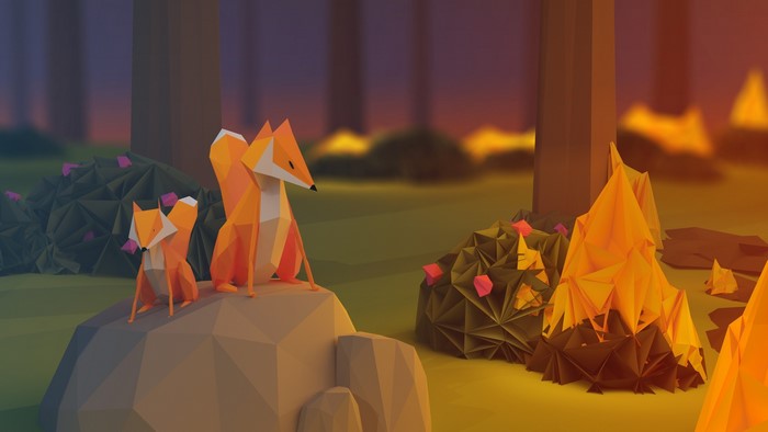 Low poly foxes near a campfire in a forest