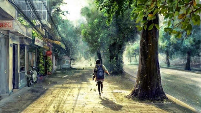 Anime street scene with a girl walking