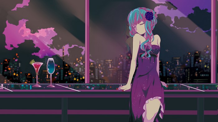 Anime girl in purple dress with cocktails overlooking city