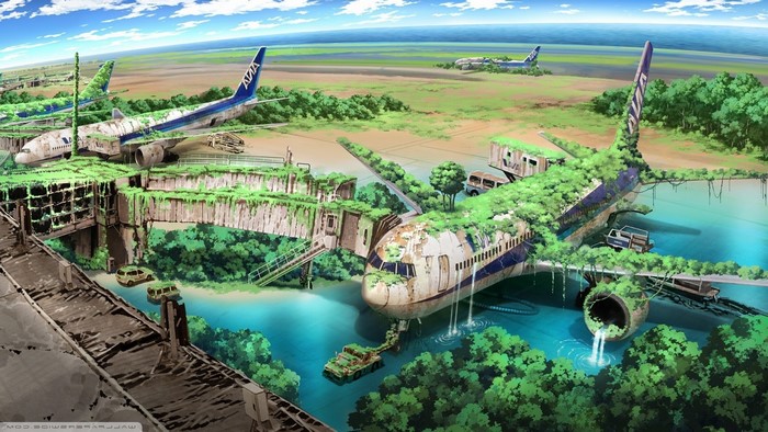 Abandoned airplanes overgrown with plants at an airport
