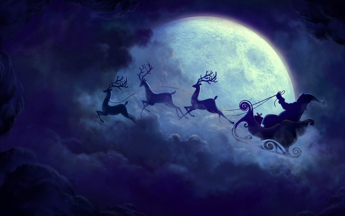 Santa Claus flying in a sleigh with reindeer across the moon