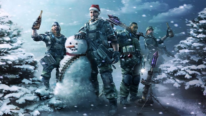 Soldiers with snowman and weapons in snow