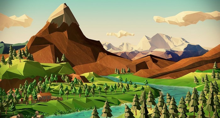 Low poly mountain landscape with river and trees