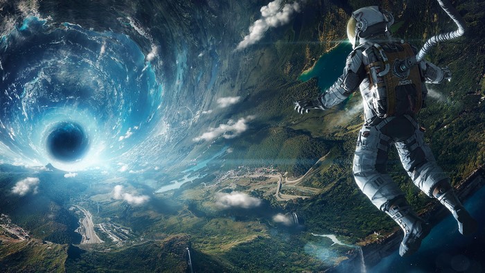Astronaut falling into a wormhole above a landscape