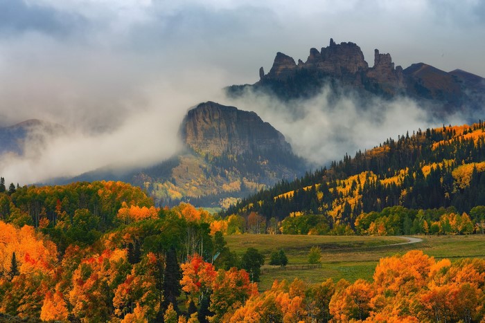 Autumn mountain landscape with mist in Colorado