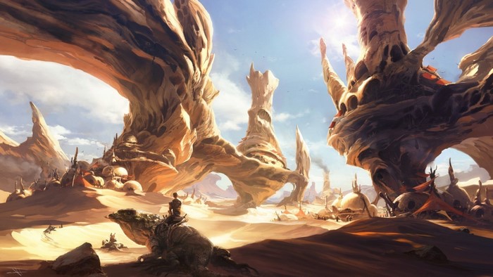 Desert settlement with alien rock formations and rider