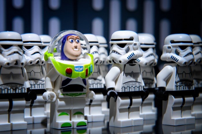 Buzz Lightyear and Stormtroopers from Star Wars Lego