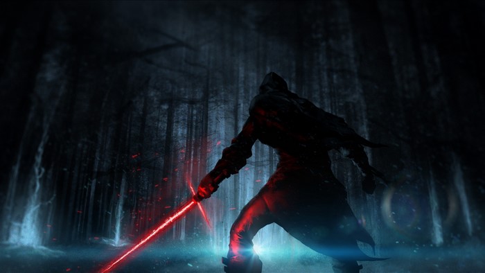 Kylo Ren from Star Wars with a lightsaber in a forest