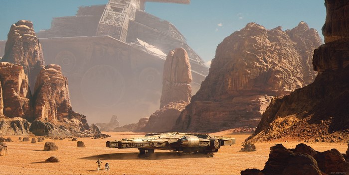 Millennium Falcon with C-3PO and R2-D2 on desert planet