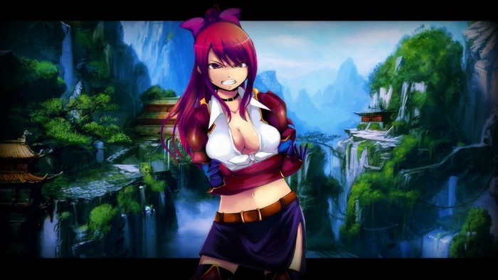 Erza Scarlet from Fairy Tail in a fantasy landscape