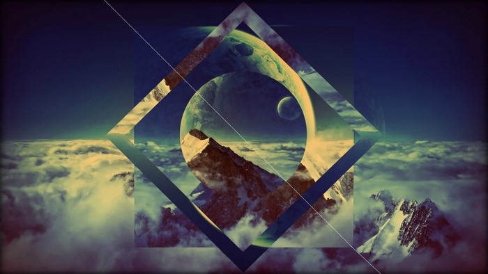 Abstract geometric artwork with planets and mountains