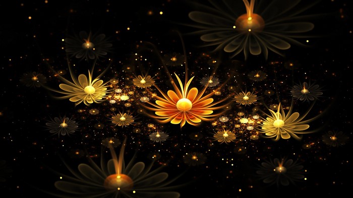 Abstract fractal flowers with golden and orange glow on black background