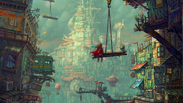 Fantasy city with a girl on a crane