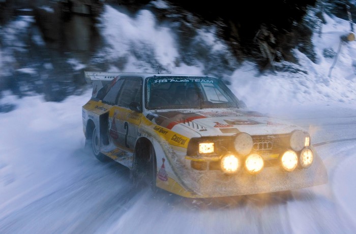 Audi Sport Quattro S1 rally car on a snowy road