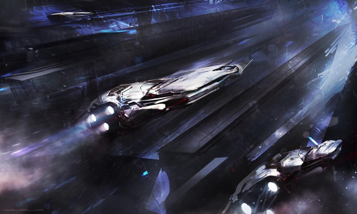 Spaceships in a futuristic tunnel