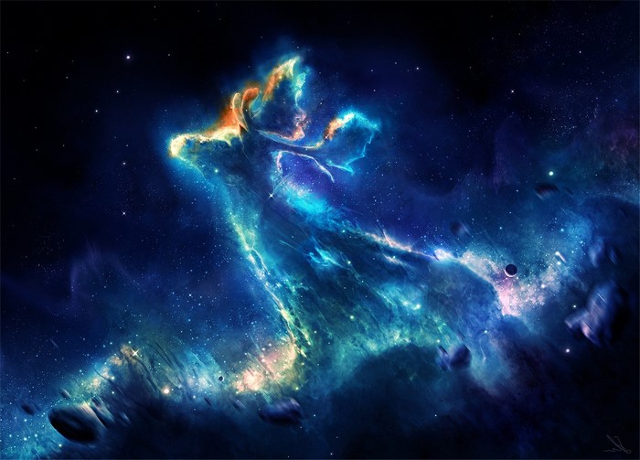 Cosmic nebula with stars and planets