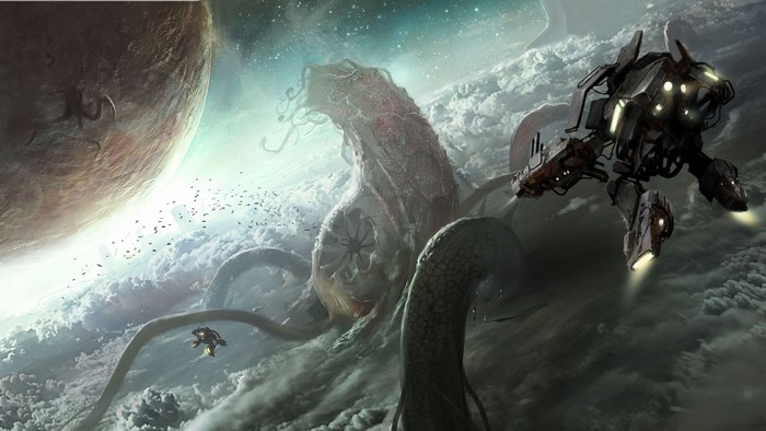 Giant space creature and mech near a planet
