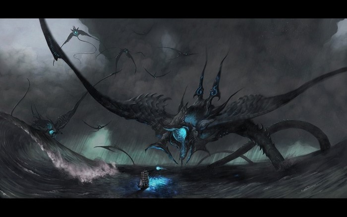 Giant sea creatures attack a ship in a storm