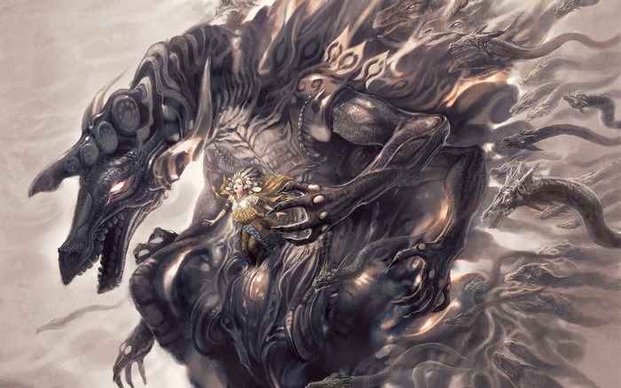 Fantasy art of a woman riding a large dragon with smaller dragons
