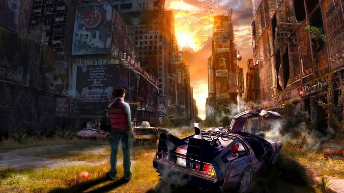 Marty McFly's DeLorean in a post-apocalyptic city
