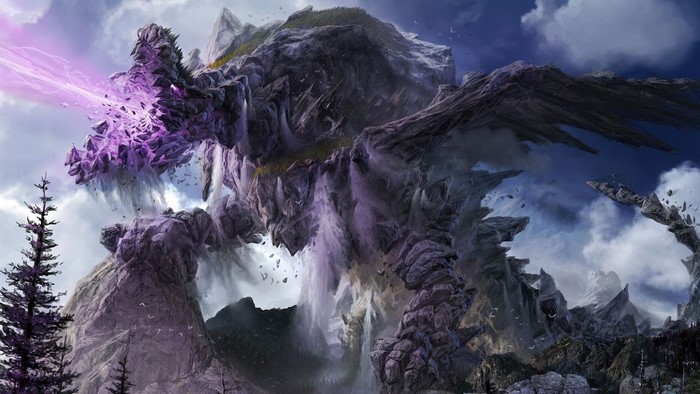 Dragon made of mountains firing purple energy
