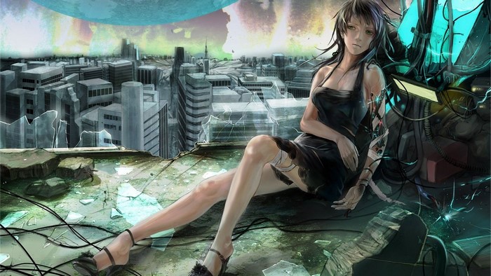 Woman with cyborg arm in futuristic city