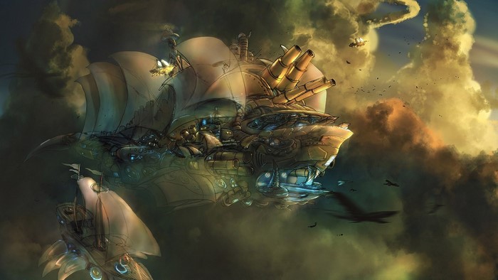 Steampunk airships flying through clouds