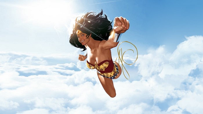 Wonder Woman flying through clouds by Adam Hughes