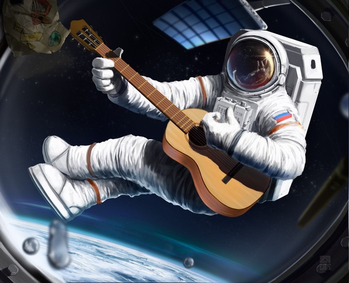 Astronaut playing guitar in space