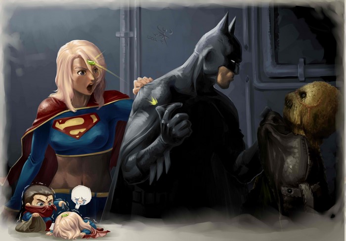 Batman, Supergirl, and Scarecrow with fallen heroes