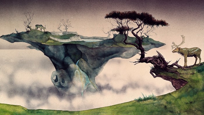 Fantasy art of floating islands with deer and trees