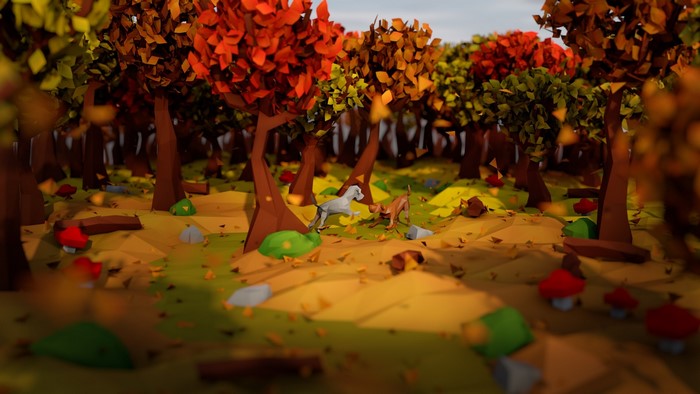 Low poly dogs playing in an autumn forest