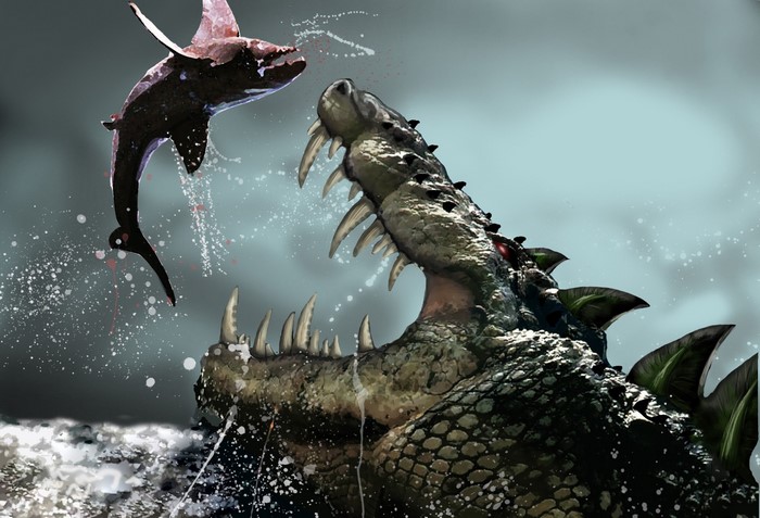 Giant alligator attacking a shark
