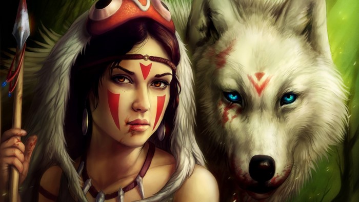 Princess Mononoke with White Wolf Companion