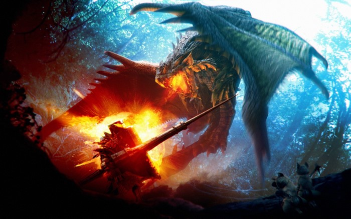 Monster Hunter Rathalos breathing fire at a hunter