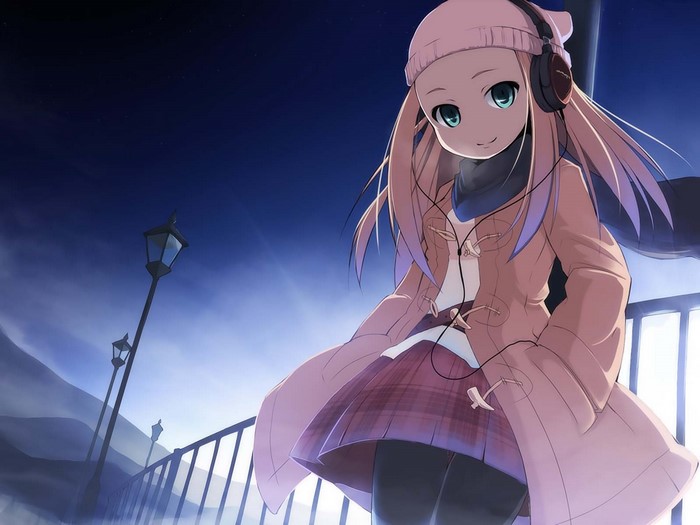 Anime girl with headphones and pink coat