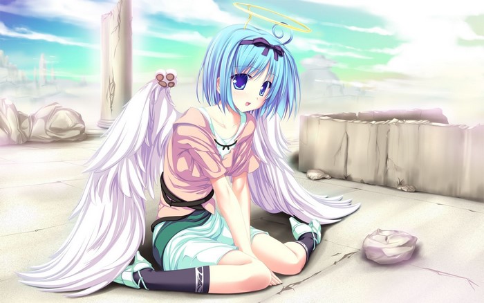 Anime girl with blue hair and angel wings