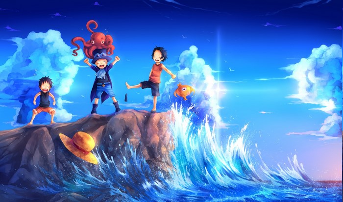 Monkey D. Luffy, Portgas D. Ace, and Sabo from One Piece on rocks with waves