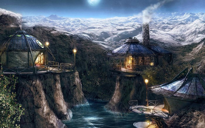 Myst Riven fantasy dwellings on cliffs above water