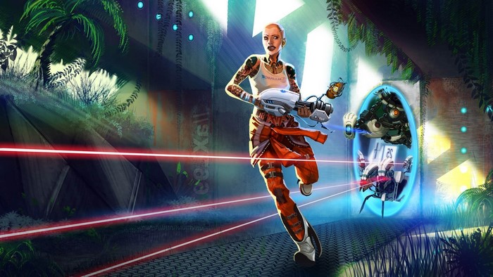 Chell from Portal 2 with a portal gun and turrets