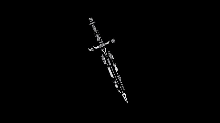Fantasy sword made of weapons on black background