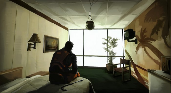 Gordon Freeman from Half-Life 2 in a hotel room