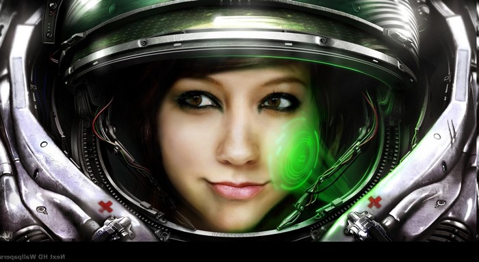 Woman in futuristic helmet with green HUD