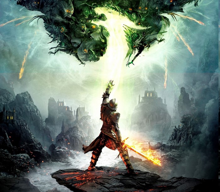 Dragon Age: Inquisition artwork of a knight fighting demons
