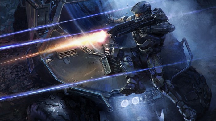 Master Chief from Halo firing weapon on vehicle