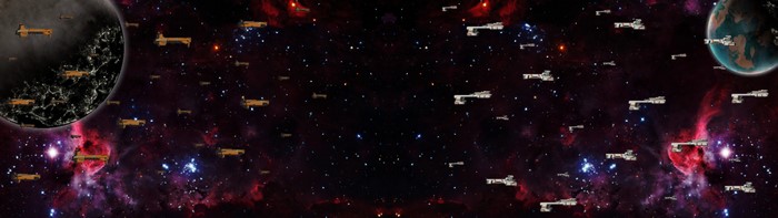 Space battle with fleets of starships near planets and nebulae