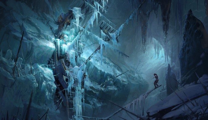 Lara Croft from Rise of the Tomb Raider snowboarding in ice cave