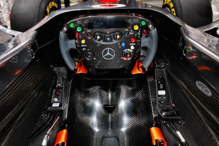 Formula 1 Car Cockpit with Mercedes Steering Wheel
