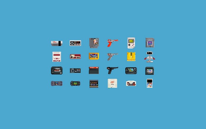 Pixel art collection of retro video game consoles and accessories