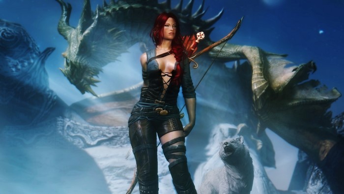 Woman with bow and wolf from The Elder Scrolls V Skyrim with dragon
